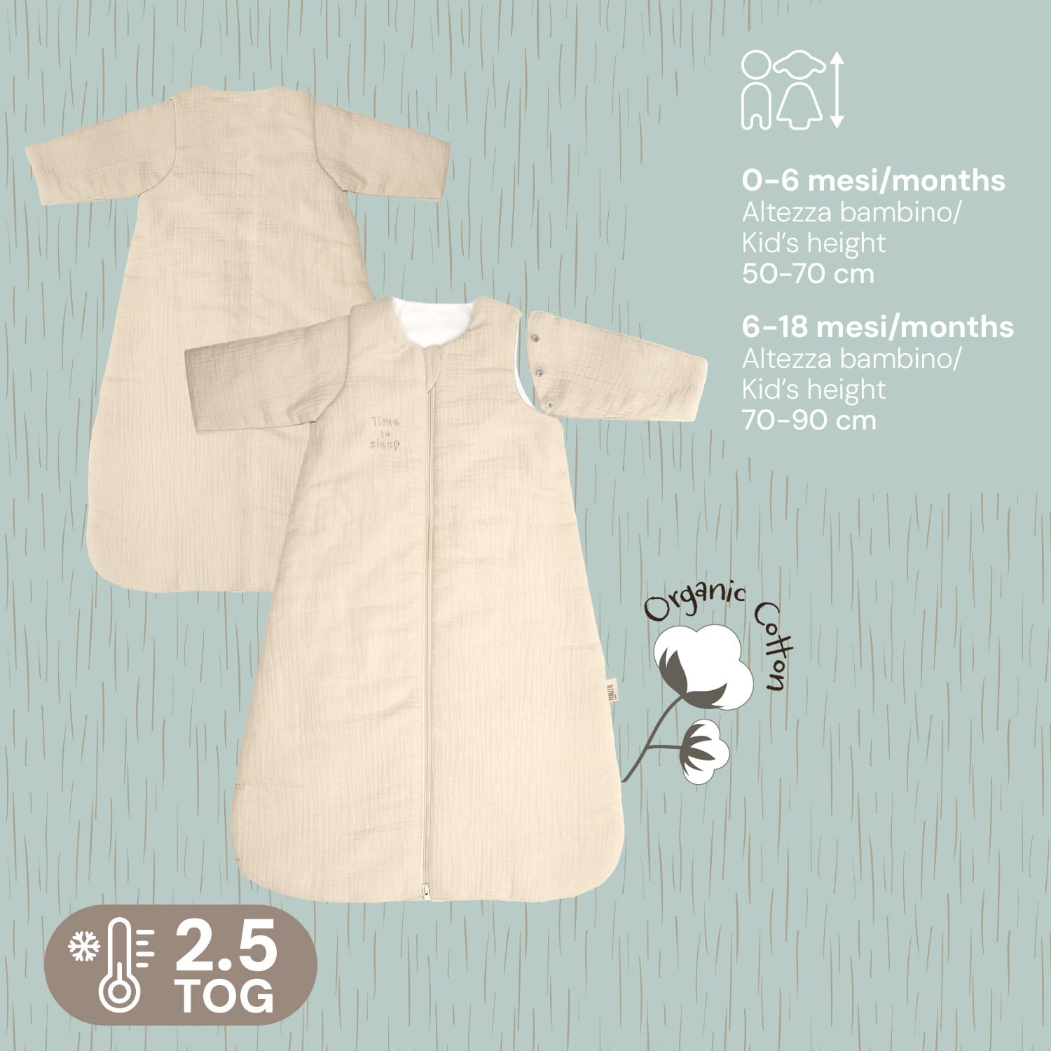 PERLETTI Sacco Nanna Invernale Tog 2.5 Neonato - Cotone Organico con Maniche Staccabili Bambino Bambina 0-6 e 6-18 Mesi - Sleeping Bag con Cerniera Centrale Caldo Morbido