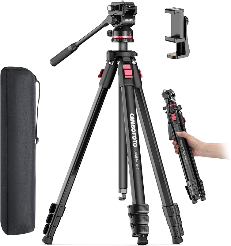 CAMBOFOTO Trípode resistente de 68 pulgadas, trípode de vídeo con cabezal fluido | Trípode de cámara de aluminio, cabezal de giro/inclinación suave de 1/4 pulgadas para DSLR/videocámaras/prismáticos/telescopio terrestre/telescopio, carga 8.8 libras