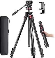 CAMBOFOTO Tripé de câmera com cabeça fluida de 172 cm, tripé profissional de vídeo de viagem para câmera DSLR, filmadoras, binóculos, telescópio, carga máxima de 4 kg, preto