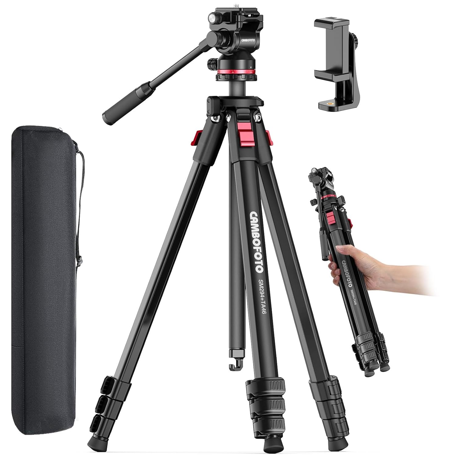 CAMBOFOTO 68 Fluid-Head-Camera-Tripod Professional Travel Video Tripod for Camera DSLR Camcorders Binoculars Spotting Scope Telescope Max Load 8