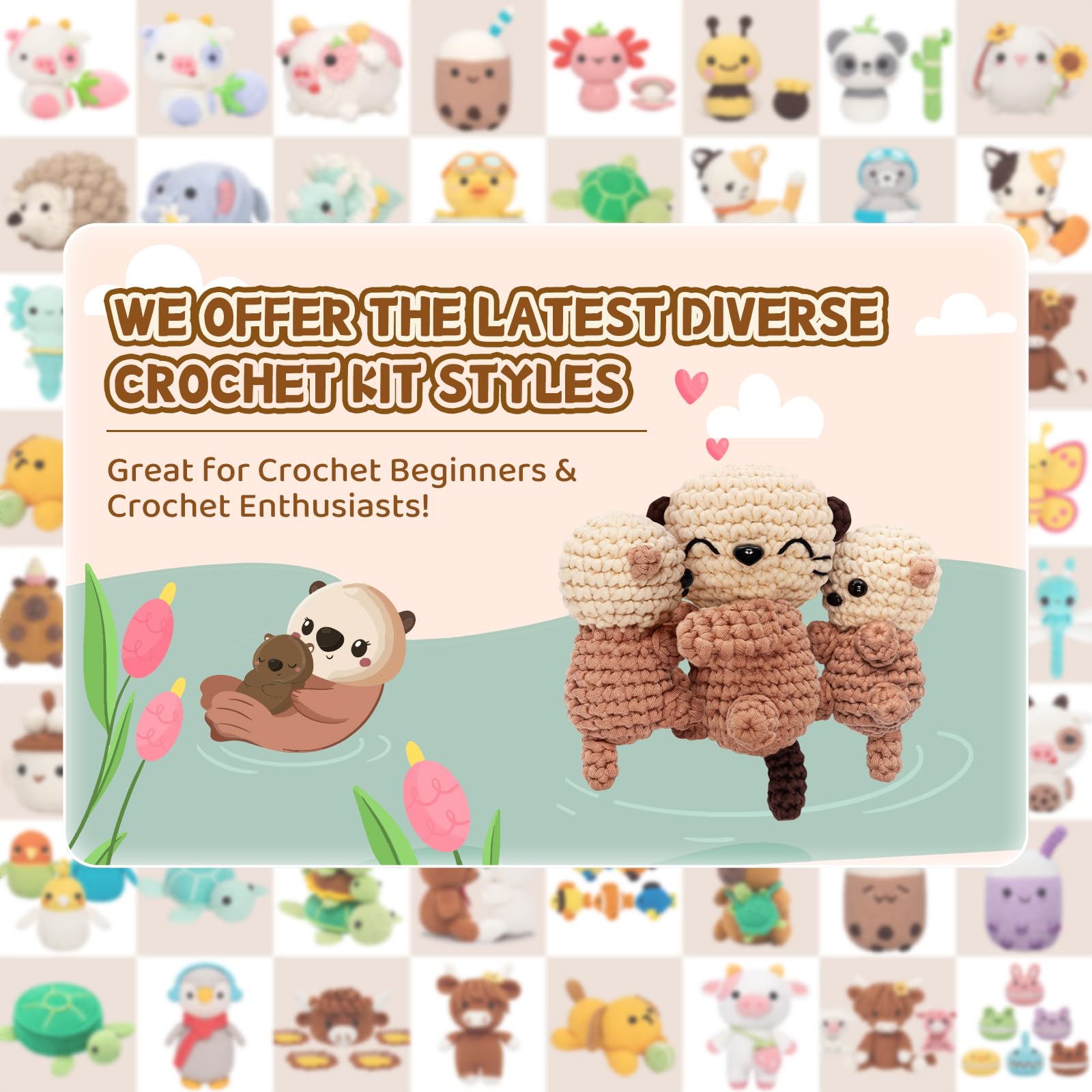 Mewaii - Kit de ganchillo para principiantes nivel 1 con un 40 % de hilo extra fácil preiniciado ecológico, tutoriales en vídeo paso a paso (pack de 3 unidades de familia de nutria marina)