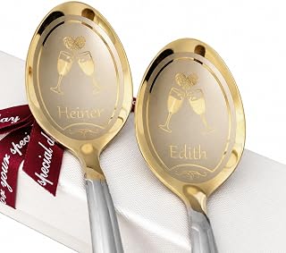 Personalisierte Partnerlöffel 2er Set mit Tauben und Namen, Gold-Silber Design, Hochzeitsgeschenk für Brautpaar, Romantisches Liebesgeschenk mit Gravur