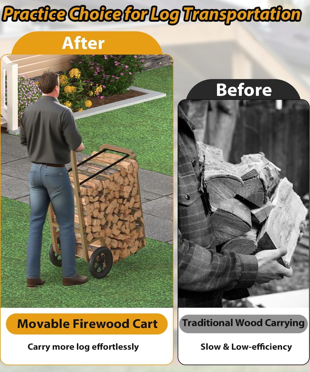 Easy-Assembly Firewood Cart, Rolling Log Carrier for Outdoor & Indoor Use, Wood Rack Storage Mover for Fireplace & Fire Pit, Heavy-Duty Steel Log Dolly Hauler with Rubber Wheels, Brown