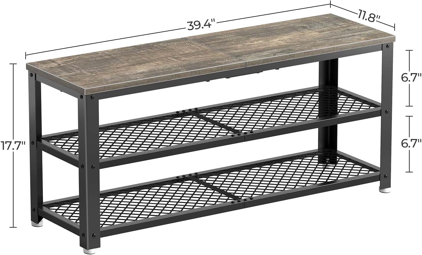 Rolanstar Shoe Bench, 3-Tier Shoe Rack, 39.4” Storage Entry Bench with Mesh Shelves Wood Seat, Rustic Foyer Bench for Hallway Front Door, Doorway, Living Room, Mudroom, Steel Frame, Gray