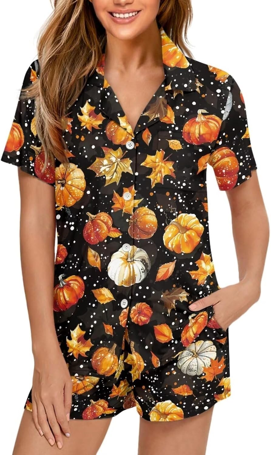 Renewold Women's Sleepwear Women's Pajama Sets Notch Collar Short Sleeve Button Down Nightwear Loungewear Top and Shorts