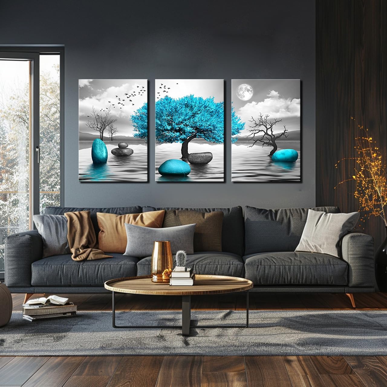 Wall Art for Living Room Bathroom Bedroom Large Size Black and White Tree of Life Paintings Modern 3 Piece Framed Canvas Art Prints Inspirational Abstract Blue Pictures Home Decorations