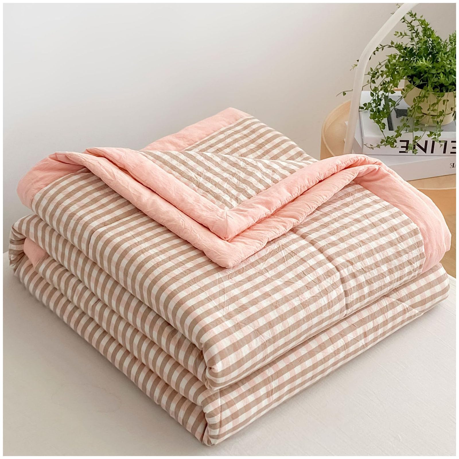Gofohimi B New Modern Air Condition Cotton Quilt - Lightweight Lanket Quilted Spring/Summer Thin Quilt Cotton Reathable Comforter Plaid Print Quilts Edspread,,180X200cm