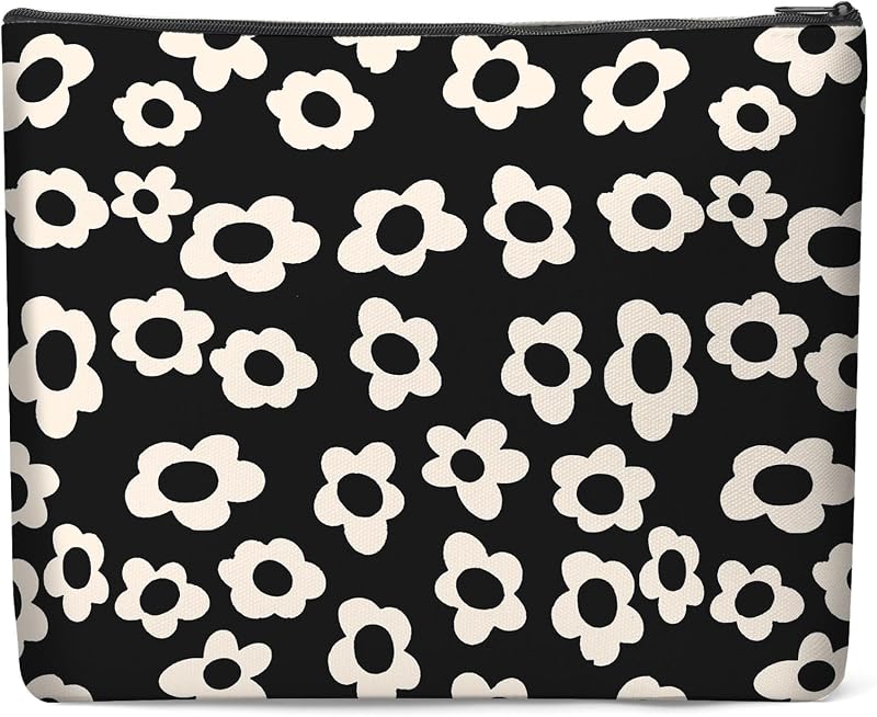 Necessaire de maquiagem Luoycxy em lona com forro, zíper e estampa Black and White Flower 1