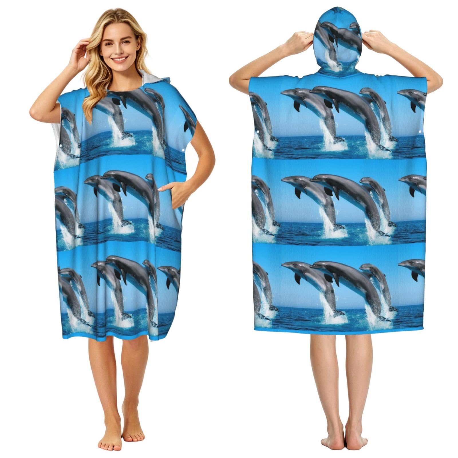 Poadnly Dolphins Jumping Winter, Adult Hooded Beach Towel 90 x 110 cm,Changing Bath Robe, Surf Poncho Towel For Women Men