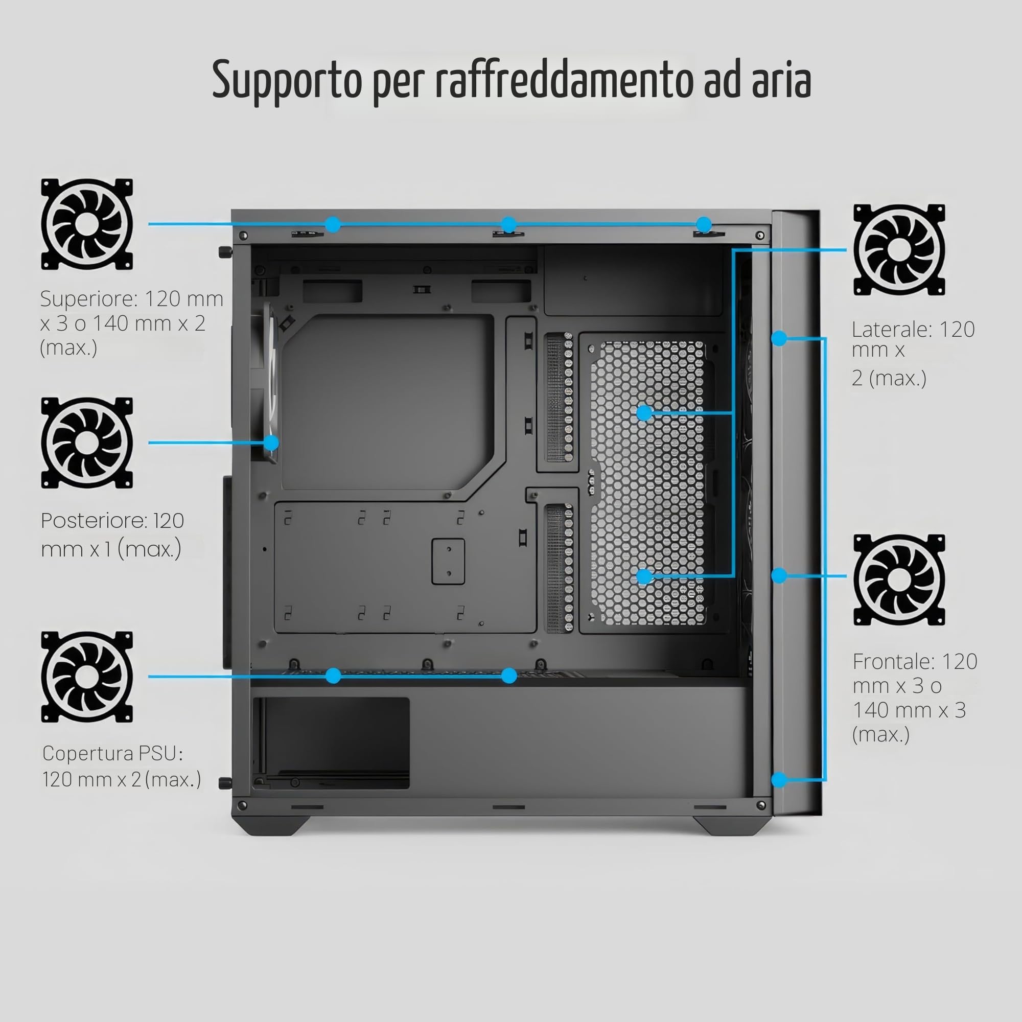 AeroCool Custodia Mid Tower D502A, pannello frontale in rete, supporto radiatore da 360 mm, 11 slot per ventole, GPU 400 mm, ATX/m-ATX/mini-ITX, filtri antipolvere magnetici, struttura in acciaio SPCC