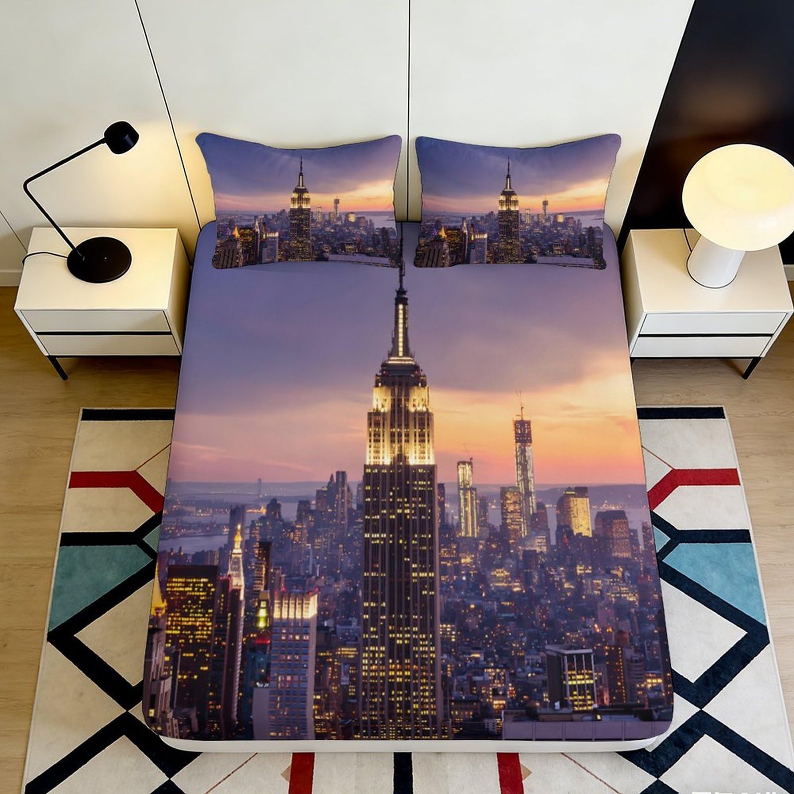 3D Printed New York City Skyline Fitted Sheet Microfiber Urban Sunset Bed Cover for Bedroom Guest Room Decor 90x200x25cm