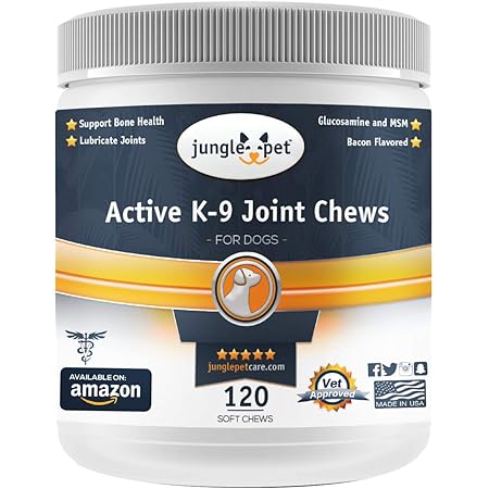 Jungle Pet Active K-9 Dog Hip and Joint Supplement for Dogs - Dog Glucosamine for Dogs - Power & Effective Pain Relief - with Chondroitin and MSM - Bacon Flavored