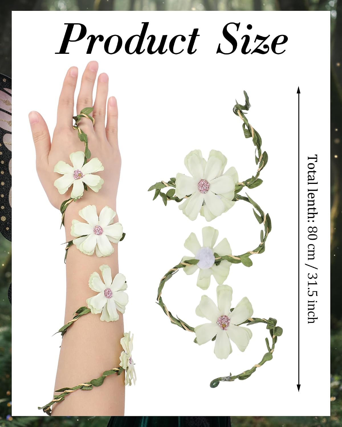 RENEMEGO Fairy Wings Costume Set - 5 PCS Flower Crown Elf Ears Butterfly Wings Flower Arm Wrap Elven Wand Halloween Costume