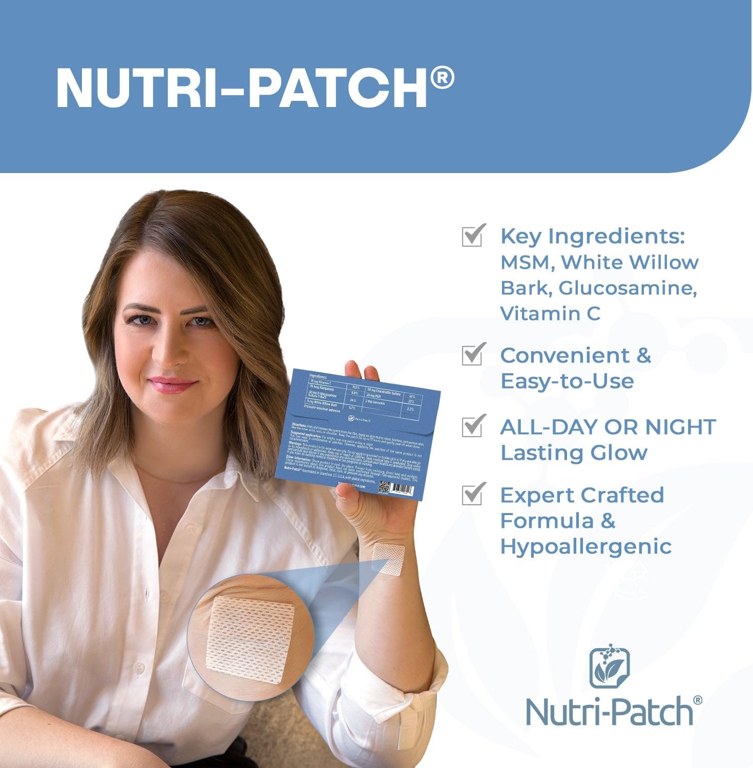 NUTRI-PATCH Inflam Body Skin Patches - Infused with Turmeric, MSM, White Willow Bark, Glucosamine & Vitamin C - Hypoallergenic - 30 Patches