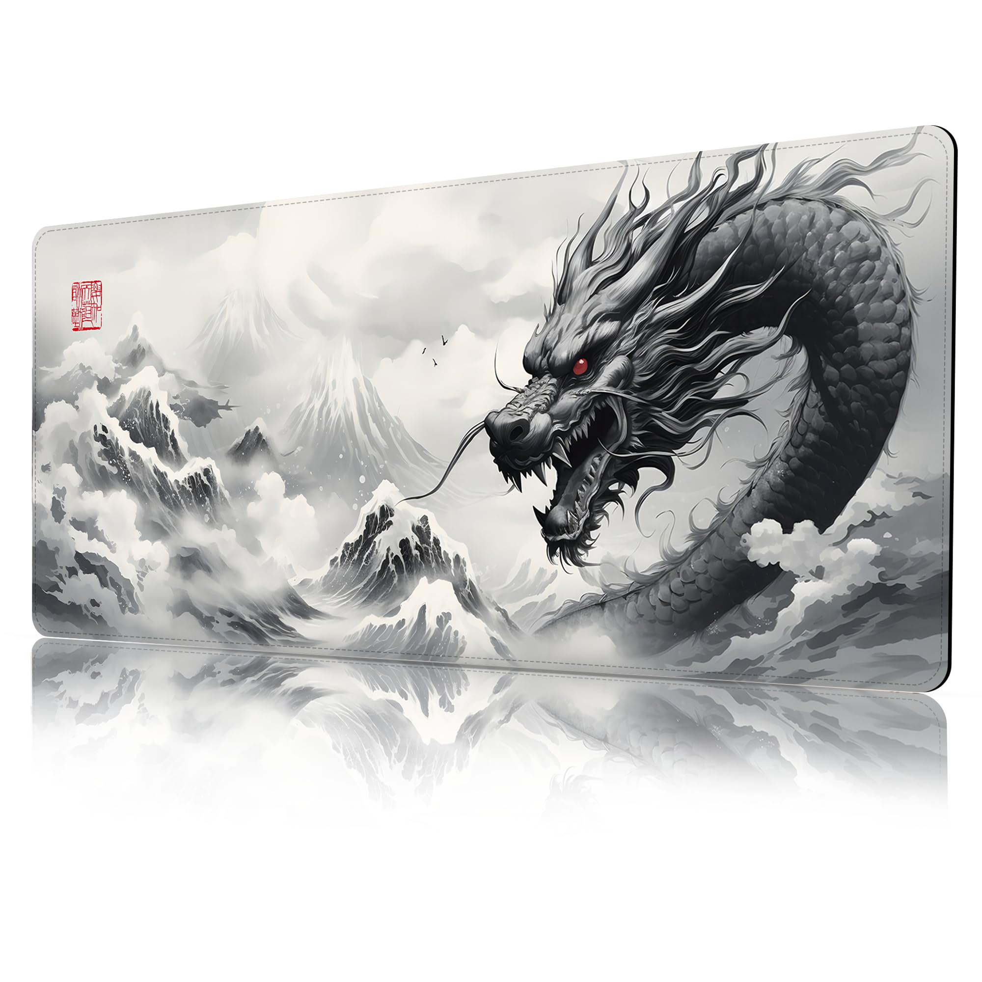 ProbTis Black and White Dragon Mouse Pad, Large Japanese Desk Mat, XXL Anime Gaming Keyboard Mat, Oriental Decor, Big Extended Desk Protector for Home Office, 35.4"x15.7" (Dragon BW)