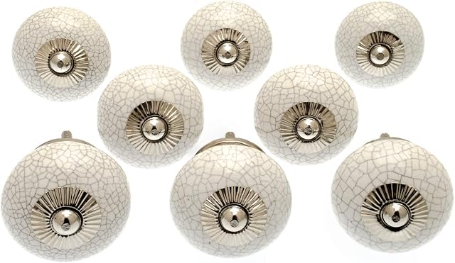 knoa White Crackle Round Ceramic Door Knobs Vintage Shabby Chic Cupboard Drawer Pull Handles Set of 8