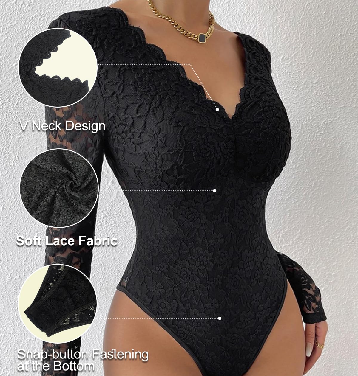 SHEKINI Body de encaje para mujer, lencería sexy, cuello en V, manga larga, body de encaje, leotardo floral transparente, ajuste entallado
