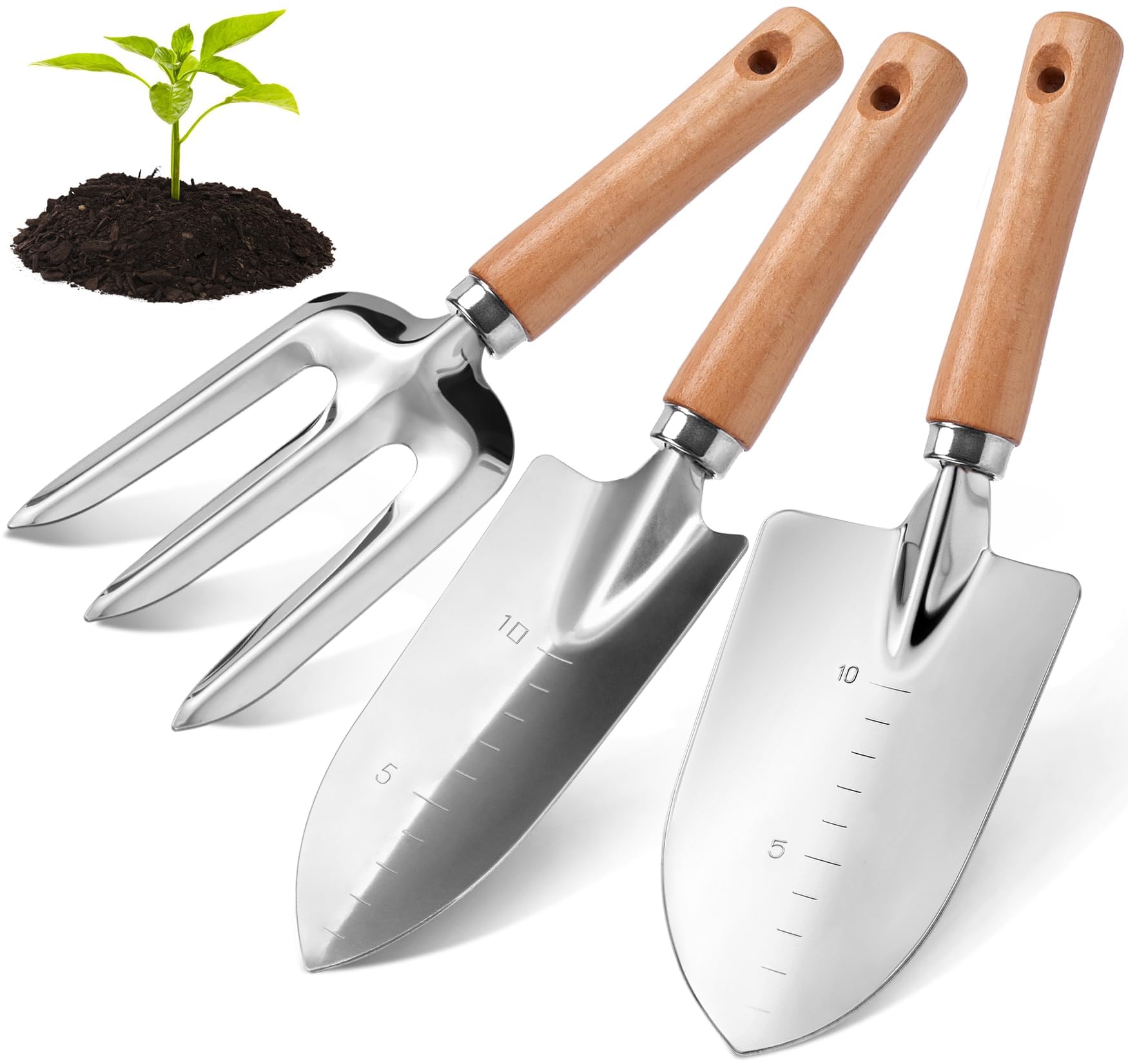 OSHIMA 3 Pcs Garden Tool Set, Garden Tool Set with Wood Handle, Gardening Hand Tools, Aluminum Graduated Shovel Hand Fork Transplant Shovel with Scale Heavy Duty Hand Tools Set for Garden Planting