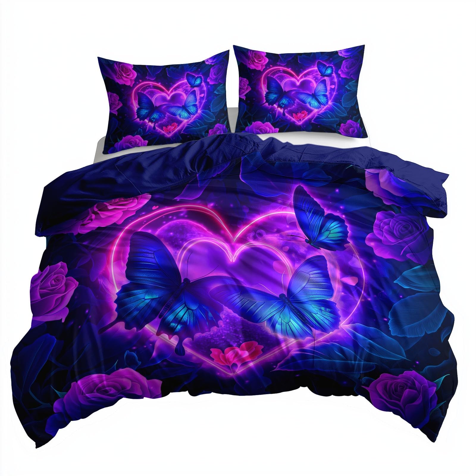 Zestaw pościeli King Size Fantasy Rose Butterfly poszewka na kołdrę, niebiesko-fioletowa poszewka na kołdrę dla dzieci nastolatków chłopców dziewcząt i mężczyzn, nowoczesna dekoracja sypialni (3 szt.)