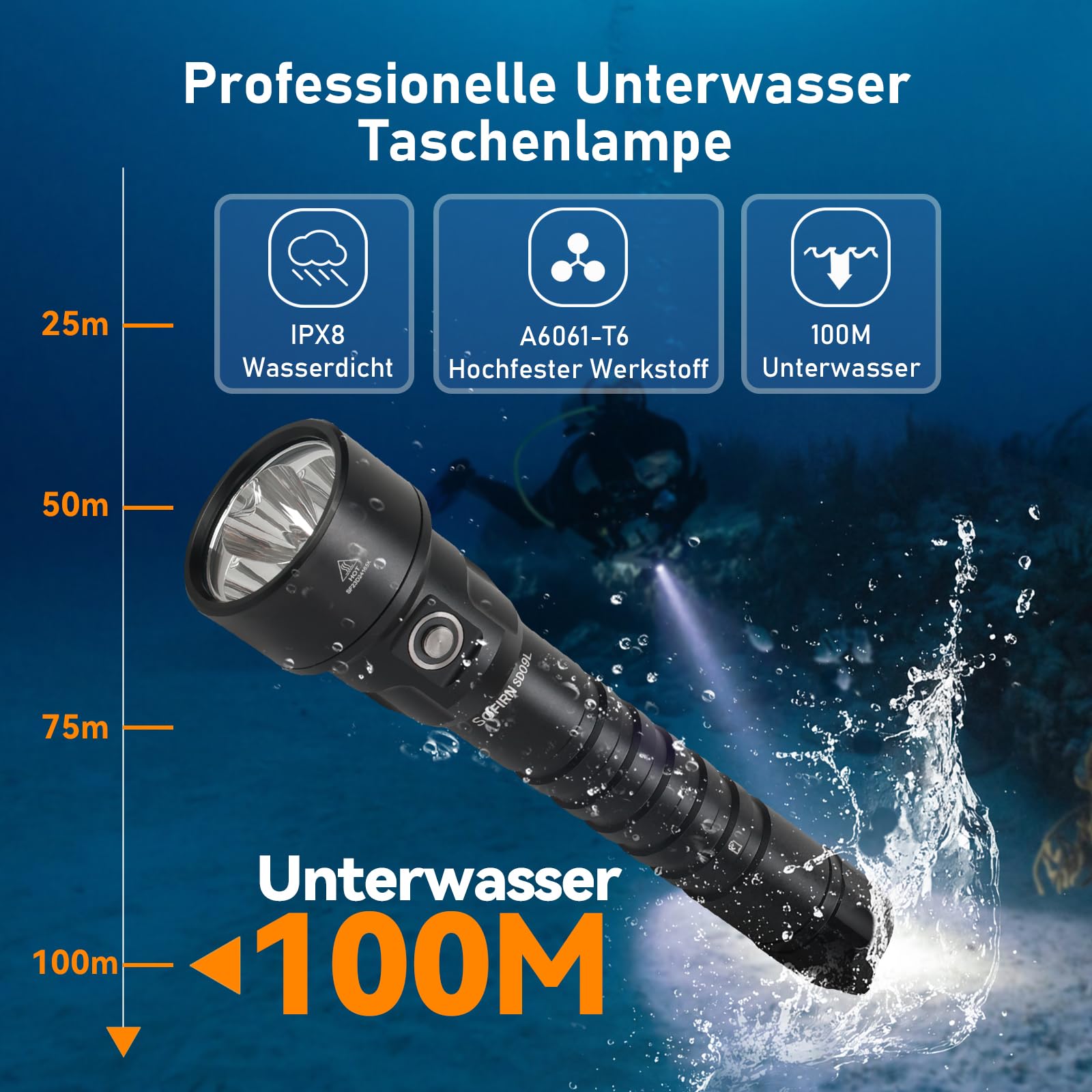 Sofirn SD09L Tauchlampe, 6800 Lumen Tauchen Led Taschenlampe, IPX8 Unterwasser 100m, 3*Hochleistungs-LEDs mit Wiederafladbaer Akkus