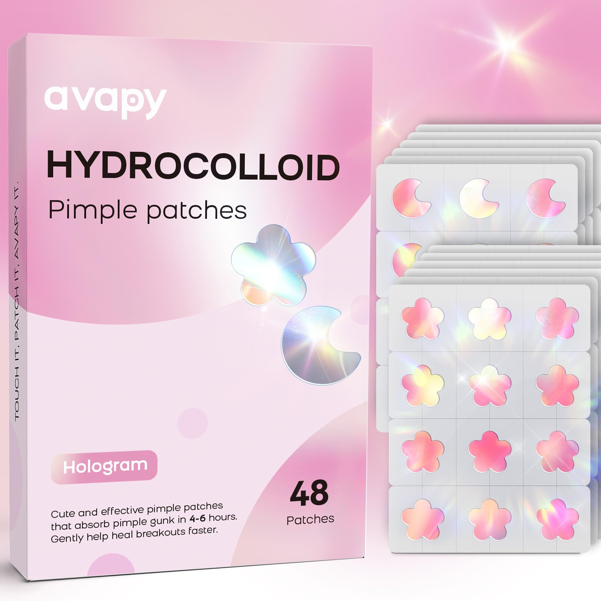 AVAPY Pimple Patches for Face, Cute Hydrocolloid Acne Patches, Colorful Hologram Flower Sport Stickers, Zits & Blemish, Pimple Patch with Salicylic Acid, Pink Moon Flower 12MM (48 Count)