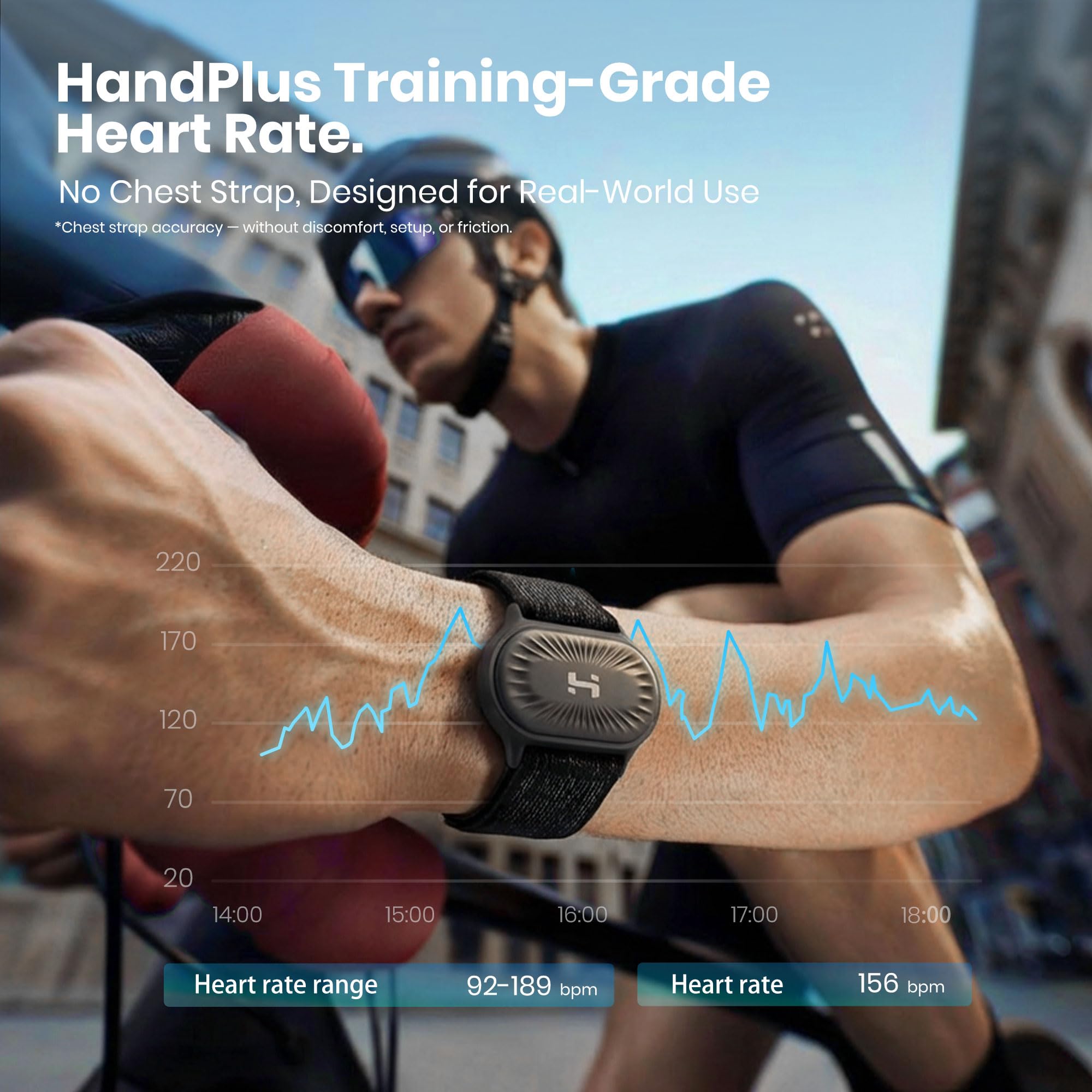 HandPlus Moniteur de fréquence cardiaque, moniteur de fitness optique de qualité d'entraînement confortable, HR optique avancée avec précision de zone, stockage hors ligne 72 h, Bluetooth et ANT+ pour