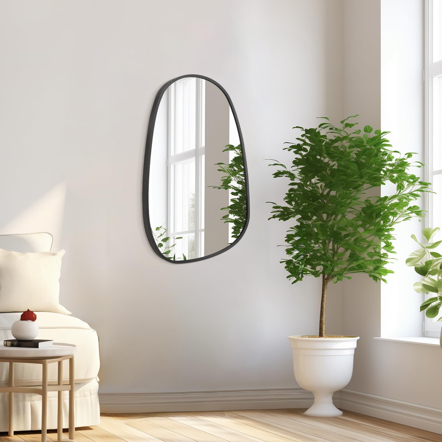 Black Irregular Bathroom Mirror for Wall, Aluminum Alloy Frame Asymmetrical Mirrors Brushed Metal Vanity Wall Mounted Mirror for LivingRoom Bedroom Room Home Decor Large 26"x14"