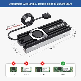 GRAUGEAR M.2 NVMe SSD Heatsink, Direct-Touch Heat of Copper Heat Pipe, 20mm Built-in Cooling Fan, Aluminum Plate-Fin Design, Thermal Pads incl. Cooler for M.2 2280 NVMe [G-M2HS08-F]