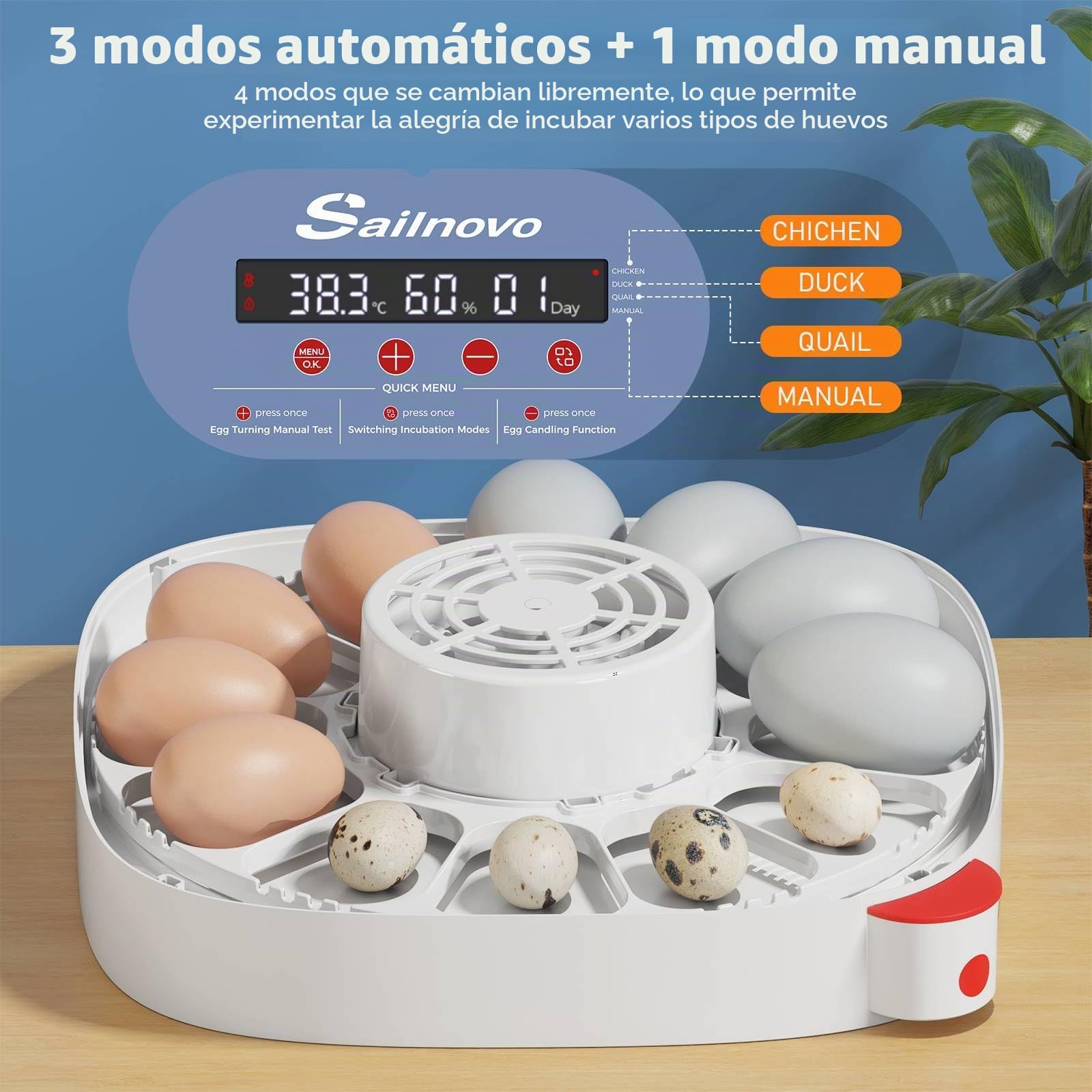 Sailnovo Incubadoras de huevos para incubar, 12 huevos, incubadora para huevos de gallina con 4 modos, visión de 360°, incubadora de huevos con giro automático y control de temperatura, indicador de