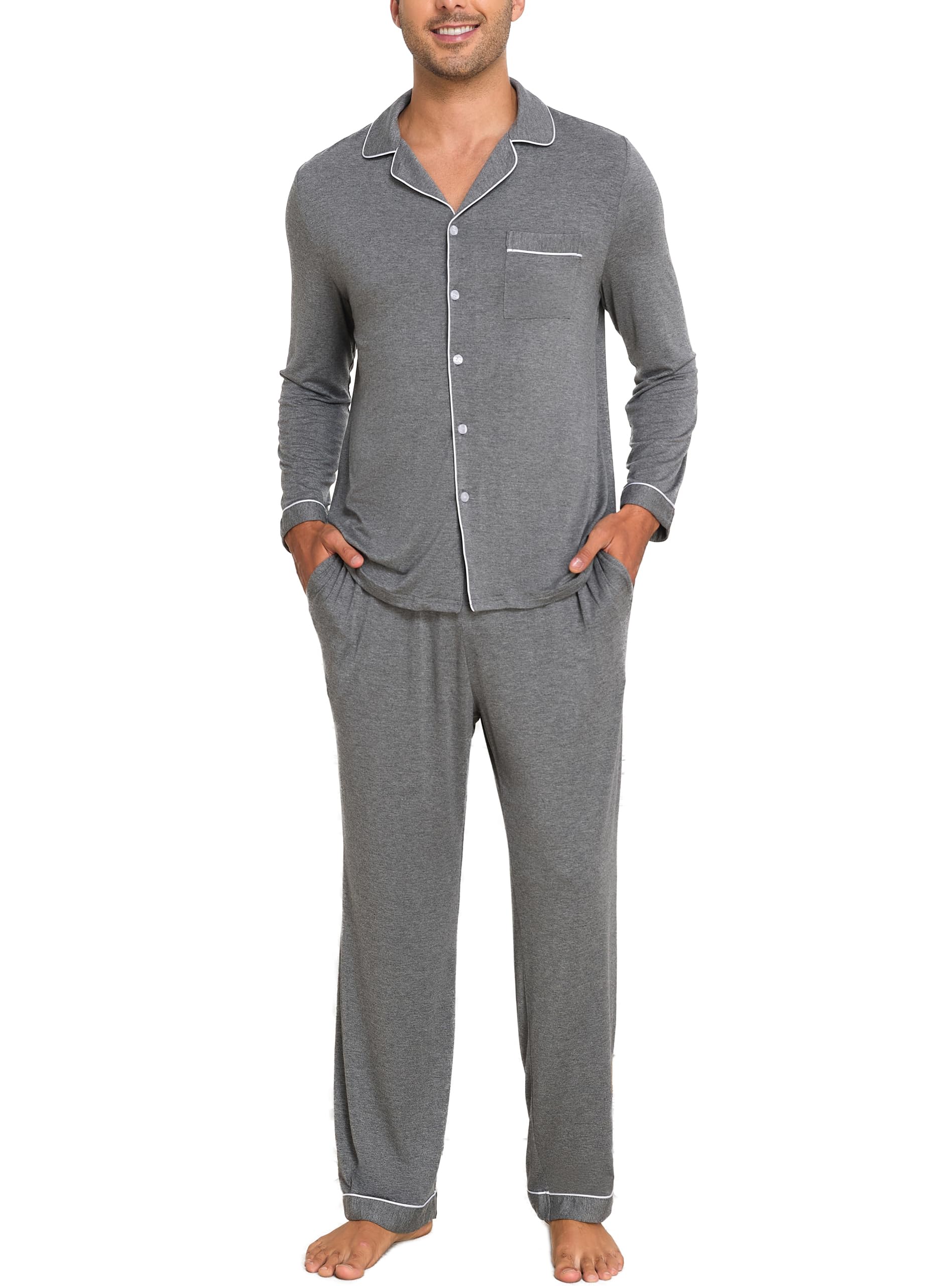Veseacky Mens Pajamas Set Long Sleeve Soft Pajamas for Men Button Down Sleepwear Pjs Lounge Sets with Pockets S-2XL
