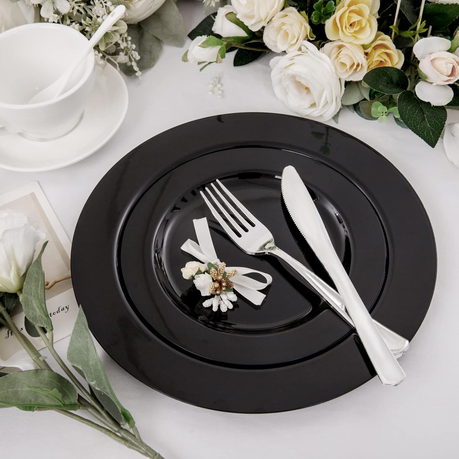 FLOWERCAT 60PCS Black Plastic Plates - Heavy Duty Black Disposable Plates for 30 guests Halloween Party/Wedding/New Year - Include 30PCS 10.25inch Dinner Plates and 30PCS 7.5inch Dessert Plates - Image 6
