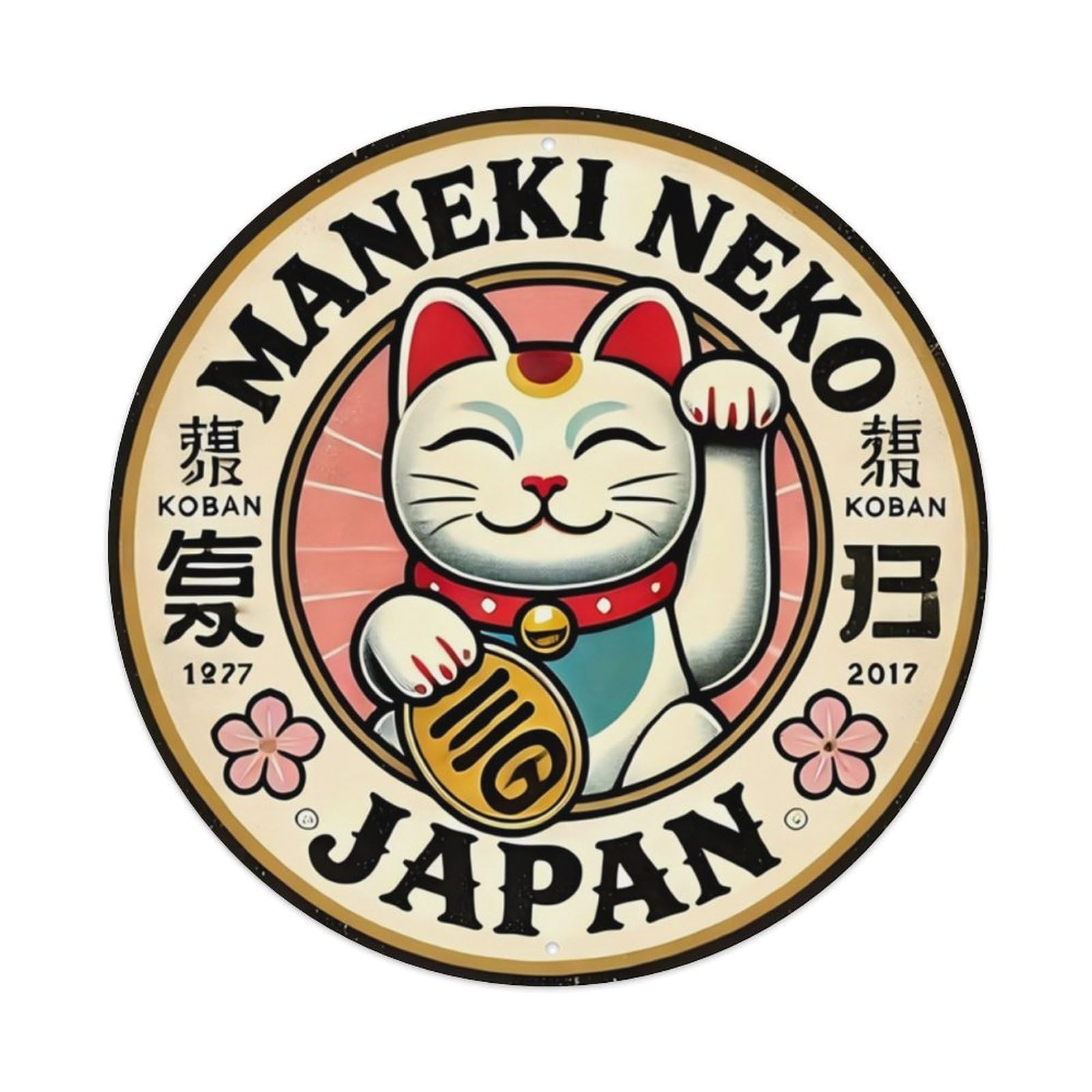 Vintage Japanese Lucky Cat Maneki Neko Round Decor Sign Vintage Aluminium Metal Sign, Retro Wall Decor for Home, Bar, Garage & Farmhouse 20x20cm