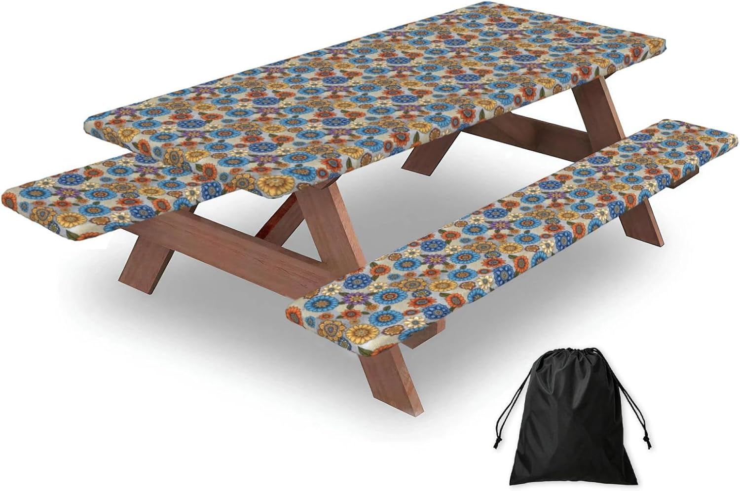 Colorful Floral Picnic Table Cover with Bench Covers