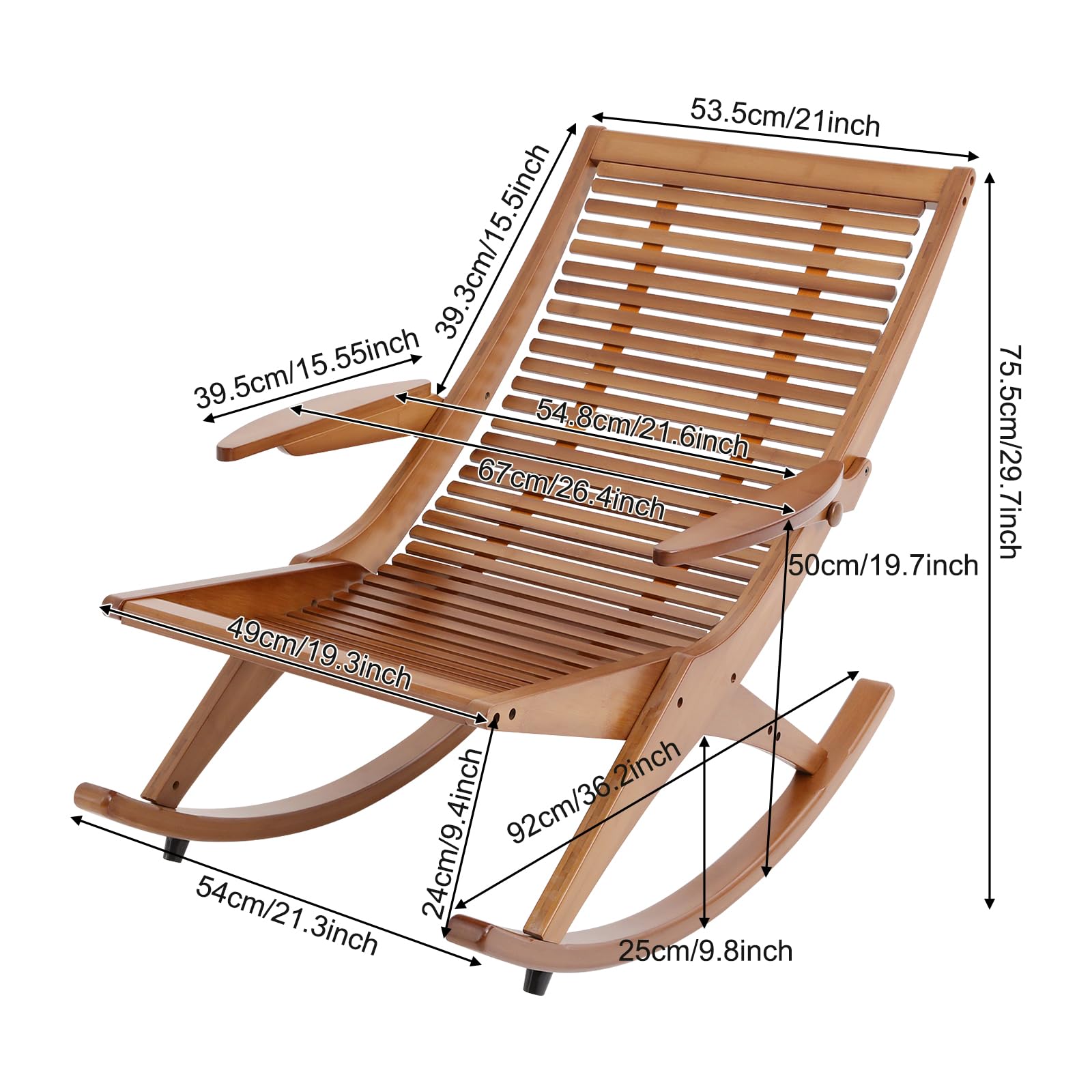Sedia a dondolo in bambù, per esterni, con piedini rialzati, struttura stabile e portata 150 kg, per giardino, balcone, terrazza, soggiorno, camera da letto