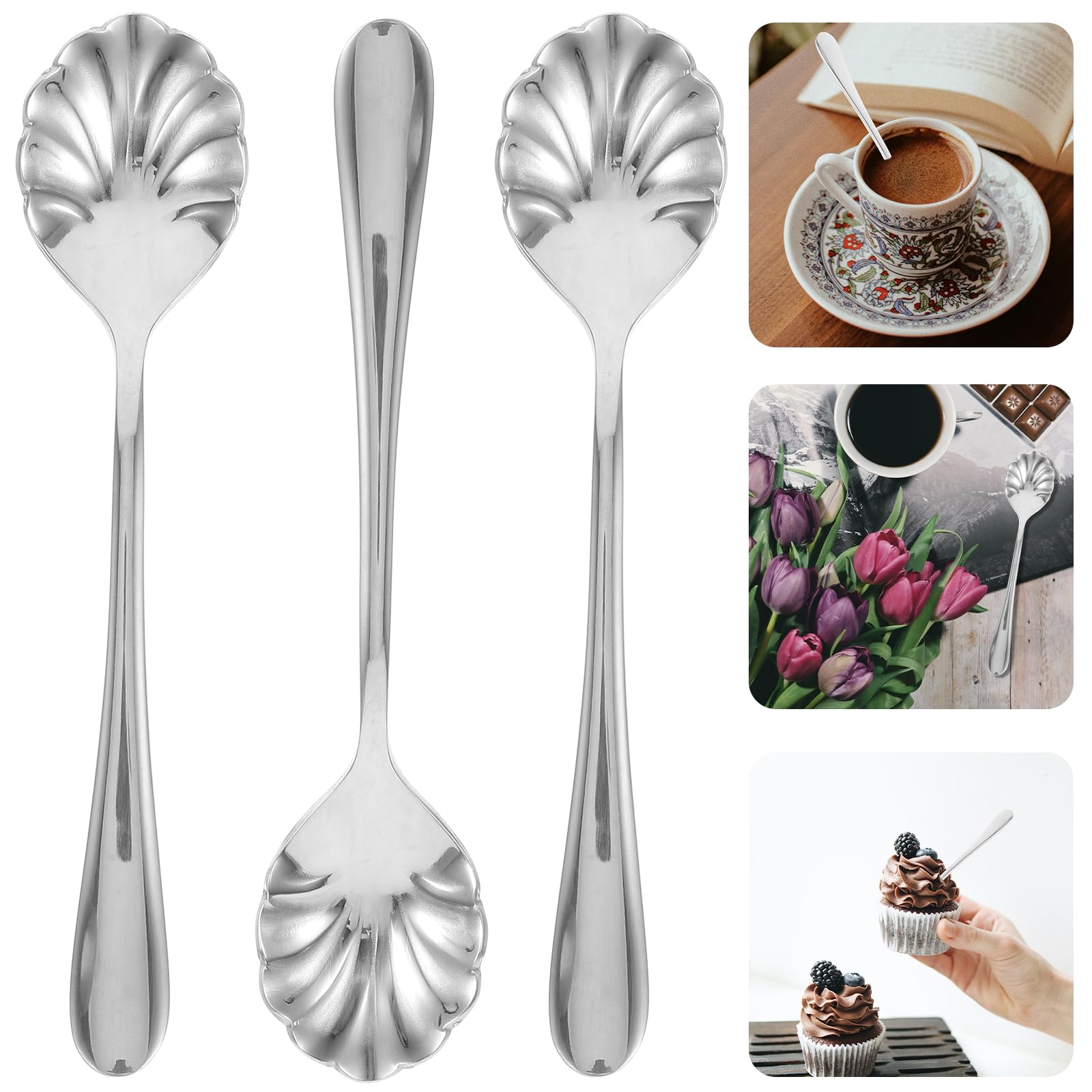 Cabilock Cucchiai Da Dessert in Acciaio Inossidabile a Forma Di Conchiglia Cucchiaini Creativi Per Gelato Caffè E Tè Set Di 4 Design Ergonomico Per Casa E Bar