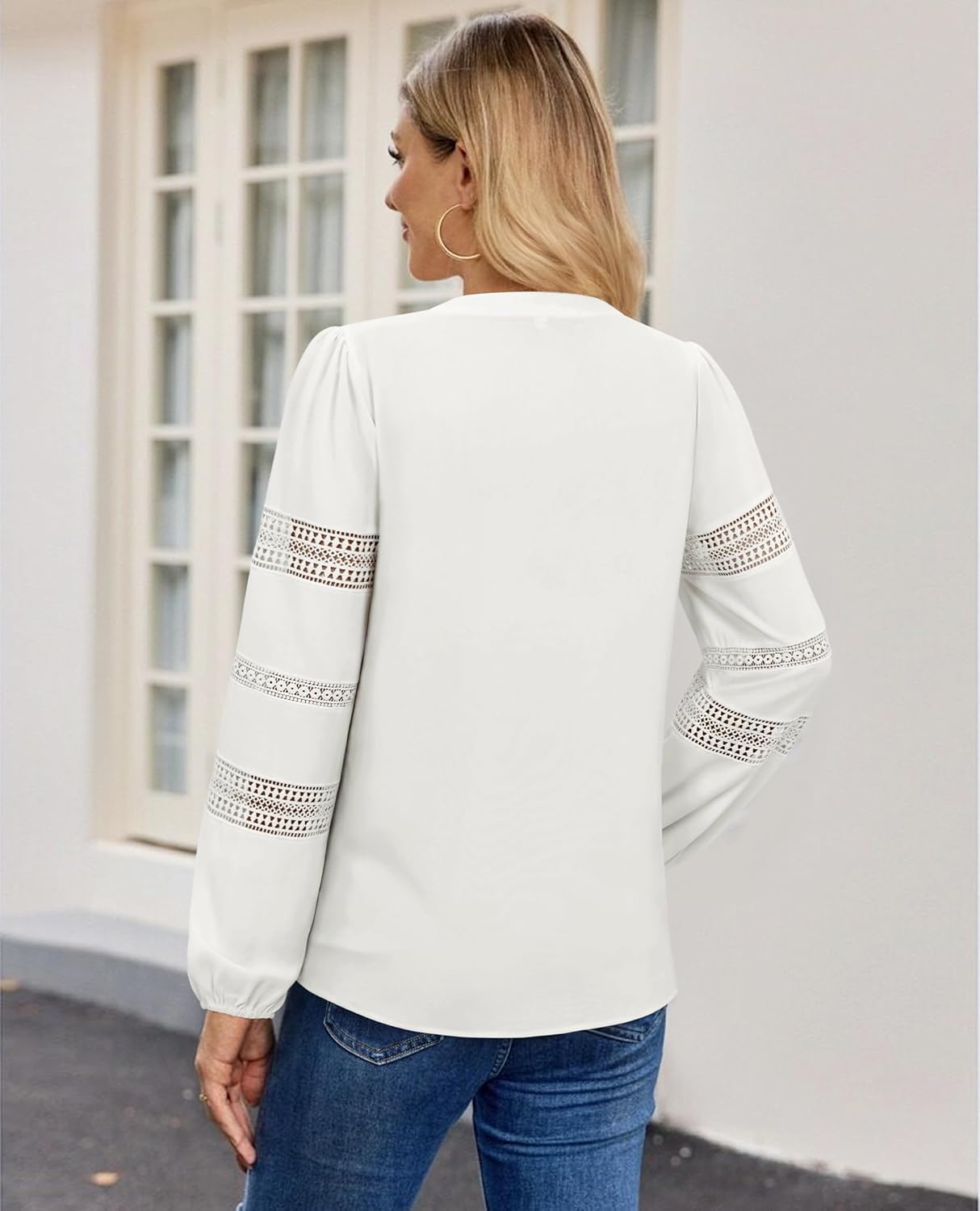 V Neck Long Sleeve Shirts for Women Dressy Blouses Business Casual Outfits with Hollow Out Sleeves - Image 6