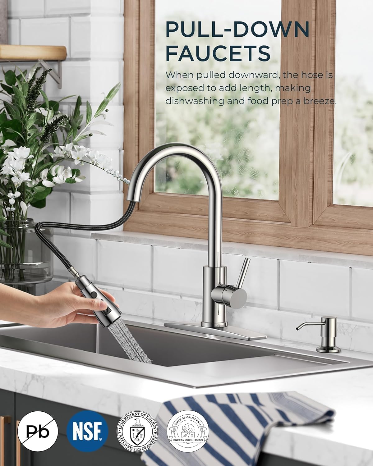 COMLLEN Kitchen Faucet, Equipped with Soap Dispenser and Pull-Down Sprayer, Nickel-Plated, Suitable for Kitchen Sinks, Camper Vans, Caravan Washing Units, and Camping Vehicles