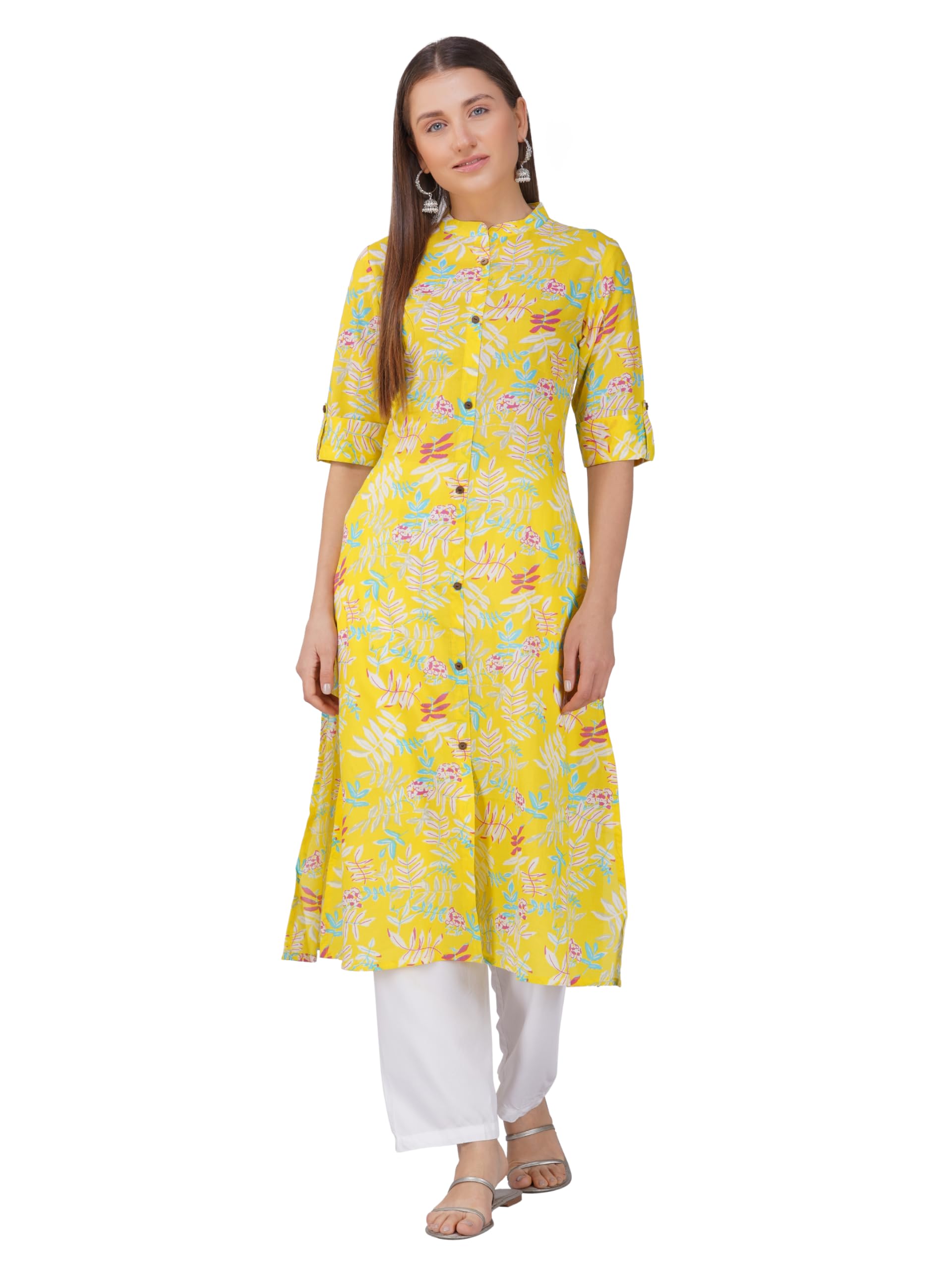 Rytras Women's Printed A-Line Kurta(Yellow-1,L)
