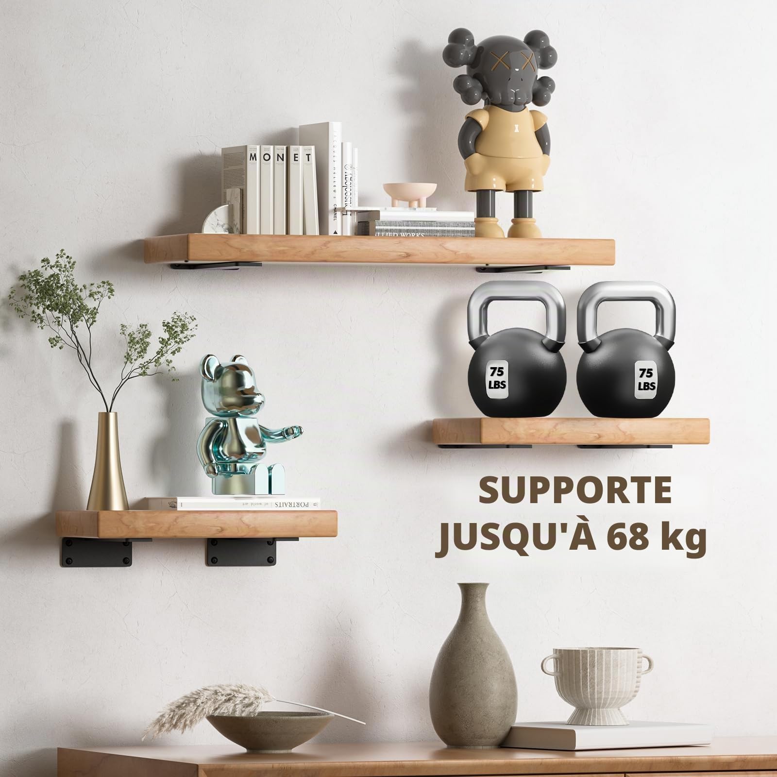 Lot de 6 supports d'étagère robustes rustiques flottants pour étagères murales, supports d'étagère industriels noirs (15,2 cm - 6 pièces)