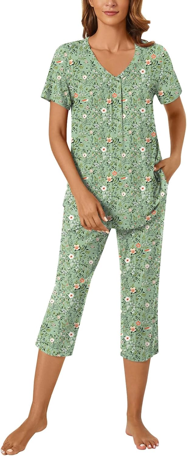 Bestbee Women's Pajama Sets 2 Piece Lounge Outfits Summer Sleepwear V Neck Short Sleeve Capri Pant With Pockets Ladies Pjs - Image 2