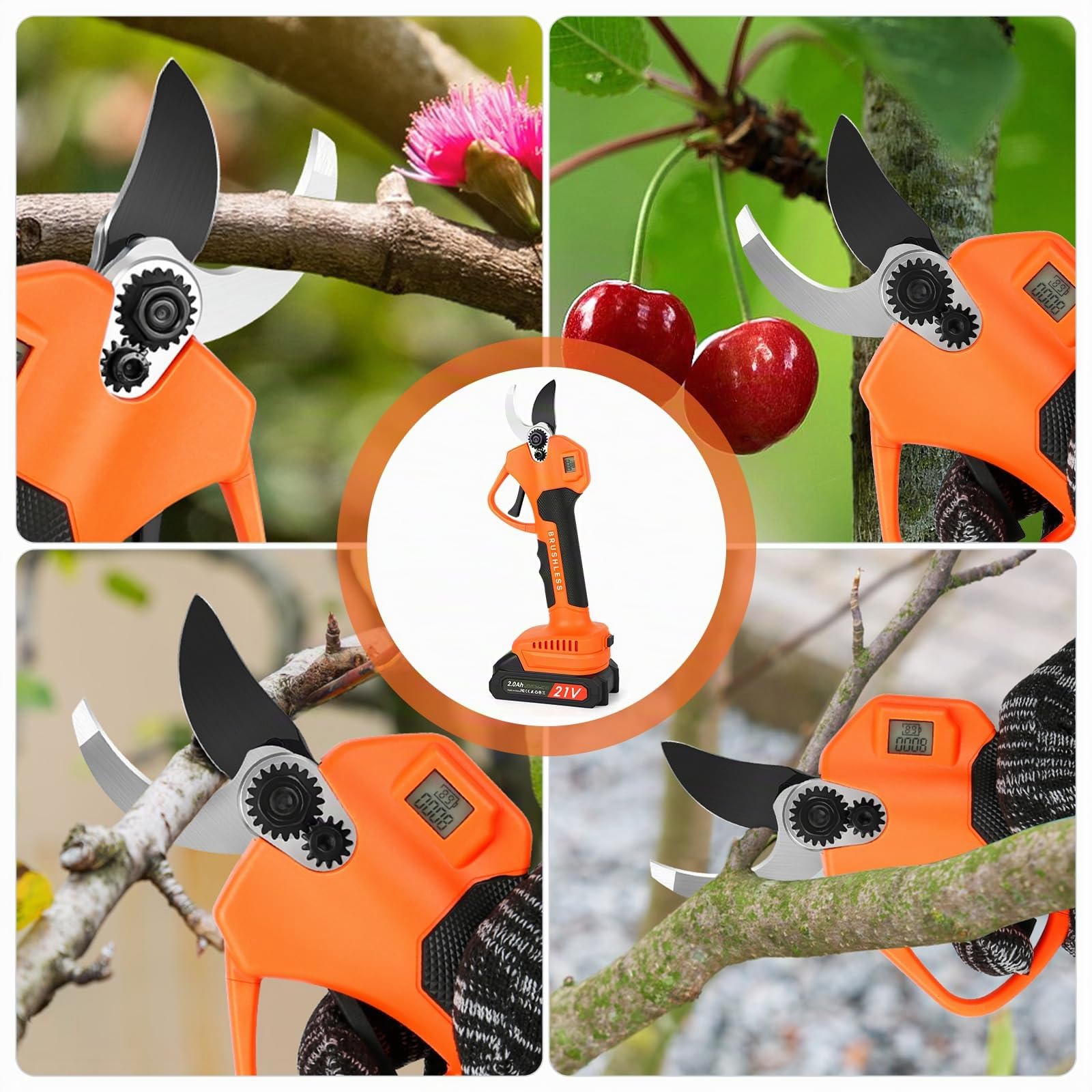 Tijeras de Podar Eléctricas, Profesional Tijeras de Podar con Motor Brushless, LCD Pantalla, 2000 mAh Bateria, SK5 Suchillas, Tijeras de Jardín Eléctricas para Jardinería, Árboles Frutales, Viñedos