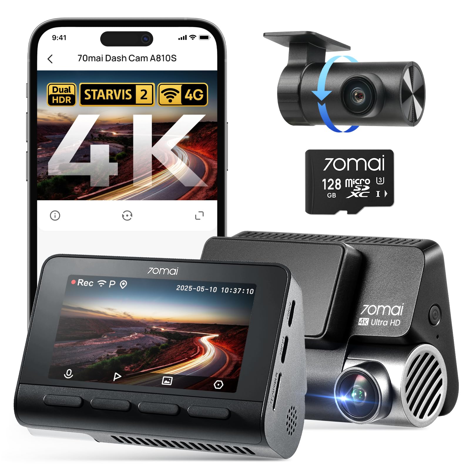 70mai 4K Dashcam Auto Vorne Hinten A810S, 4K+1080P Dual STARVIS 2 IMX678, HDR Auto-Dashcam mit Night Owl Vision, WiFi&App Steuerung, 4G LTE, ADAS, 24/7 Parküberwachung, 128GB Micro SD-Karte