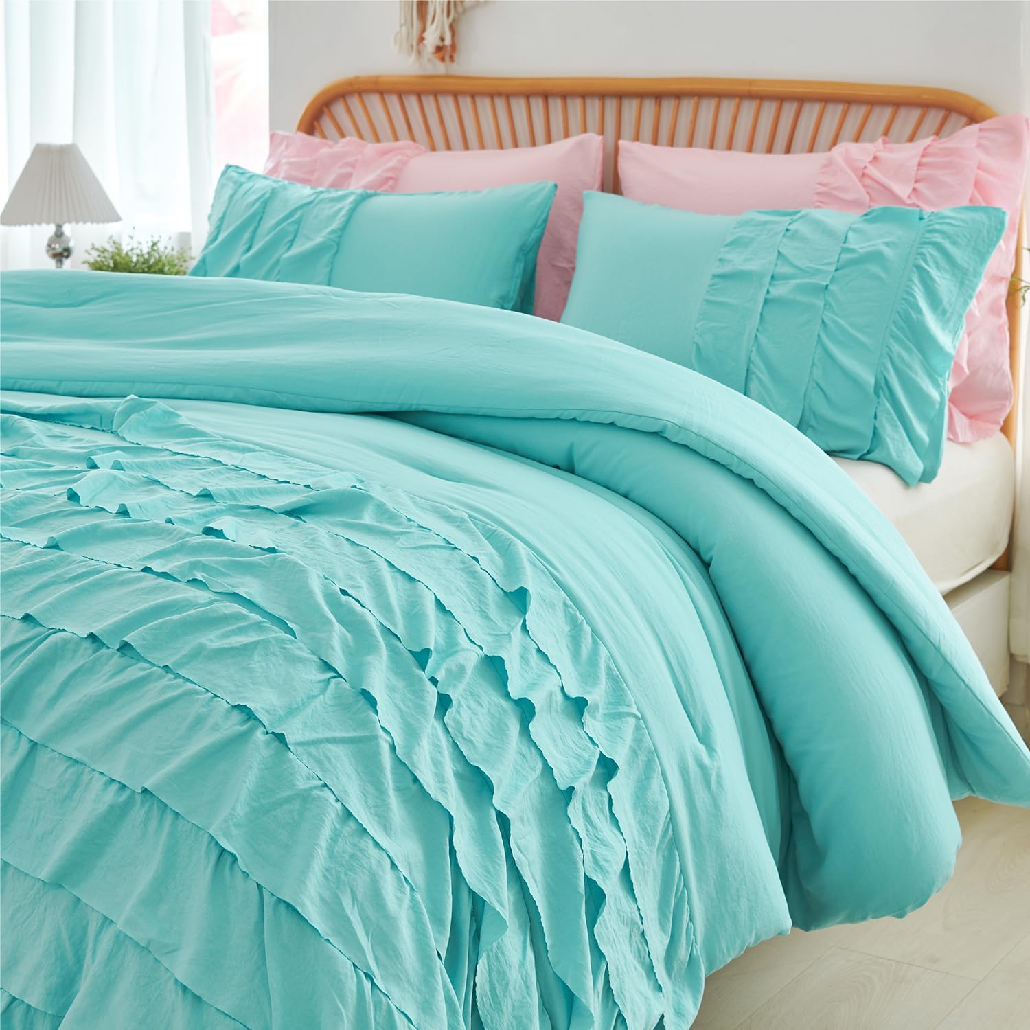 PERFEMET Teal Bedding Comforter Sets, 3 Pieces Multi Layers Ruffle Bedding Set Queen Size, Washed Microfiber Boho Comforter Set for Teens Girls Women (Teal,Queen) - Image 2