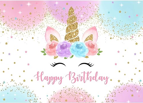 Telón de fondo de unicornio arcoíris de 7 x 5 pies, decoraciones de fiesta de feliz cumpleaños para niñas, acuarela, floral, estrellas con