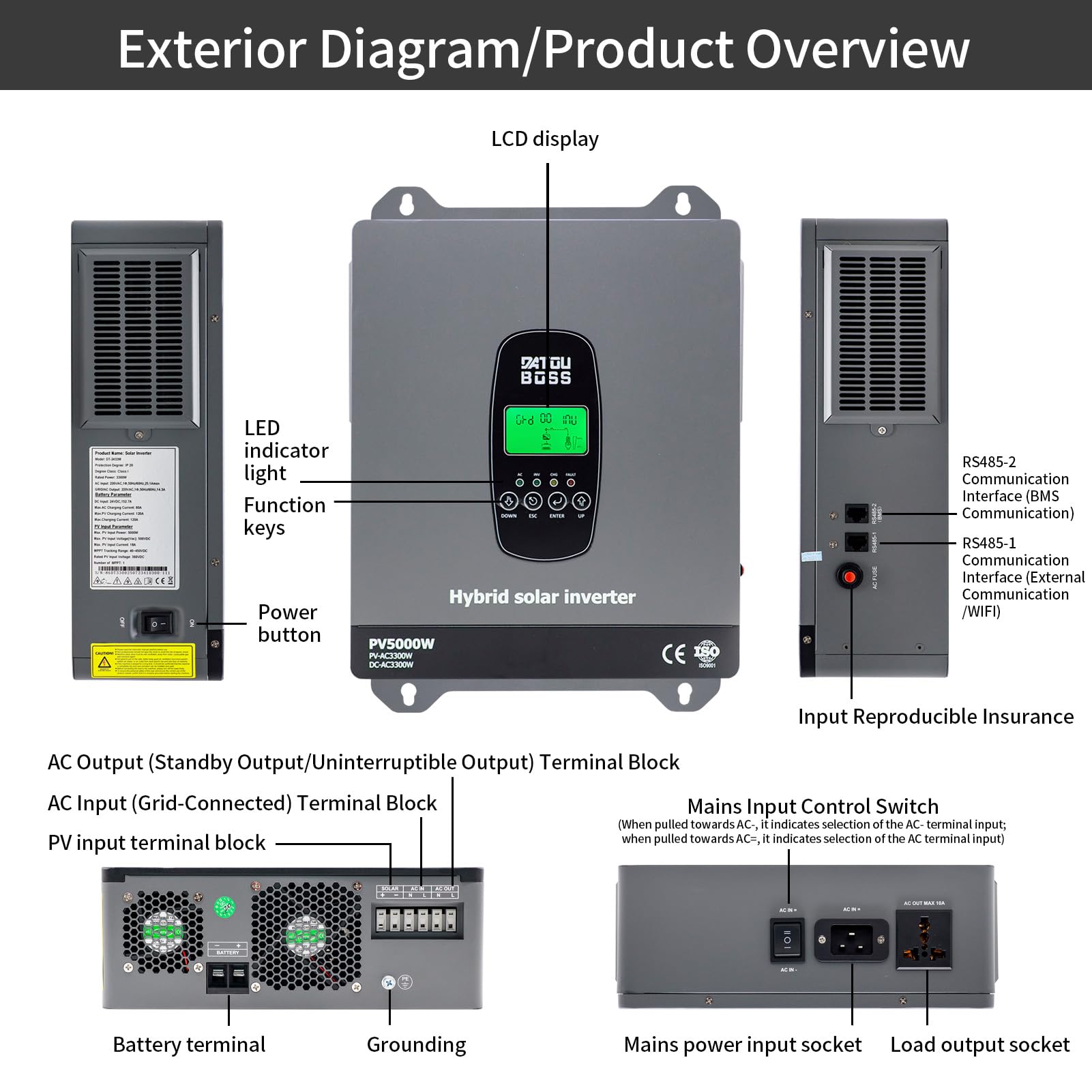 DATOUBOSS 3300W 24V Hybrid Wechselrichter Reiner Sinus, 120A MPPT 5000W PV, 24V auf 230V, Off-Grid Solar Inverter, BMS kompatibel, für Blei- & Lithium-Batterien