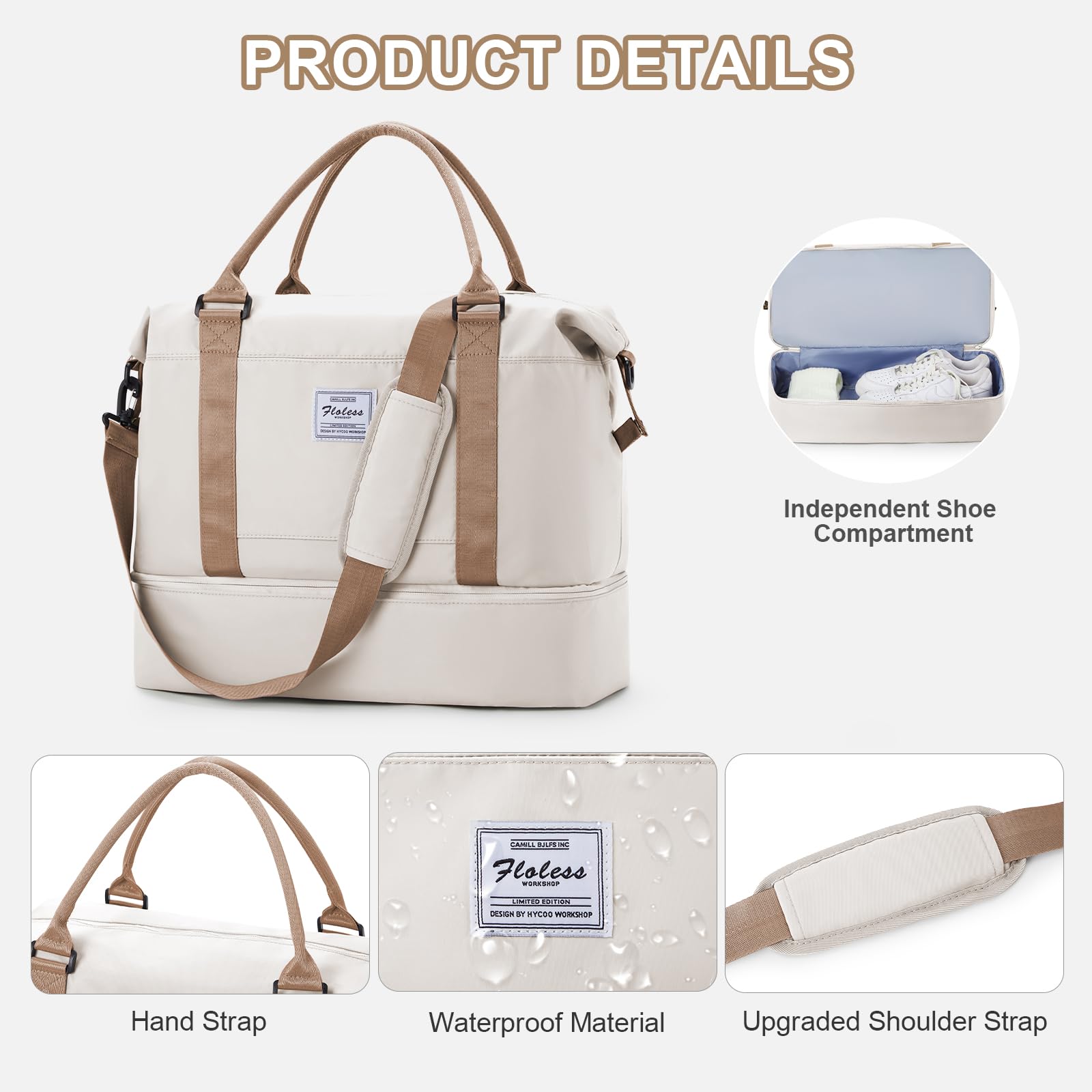 WEPLAN Borsa da Viaggio Donna Borsa da Viaggio Aereo 45x36x20 Easyjet Bagaglio a Mano Borsa Sportiva Unisex Weekender con Scomparto per le Scarpe Borsone Palestra Donna Ospedale,Beige Marrone L