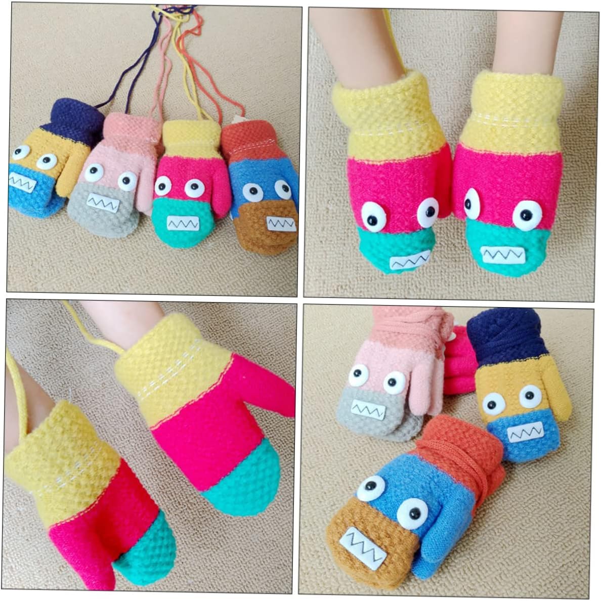 SAFIGLE 4pairs Cartoon Winter Warm Boys and Girls Gloves Unisex Neck Hanging Full Finger Mittens Indoor Winter Gloves for Women Boy Girl