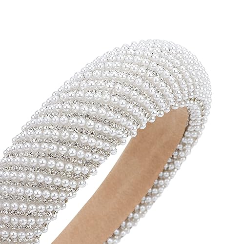 Miniatura 7 de YISSION 1 diadema de perlas blancas para mujer, banda antideslizante con diamantes de imitación, diadema con cuentas brillantes, diademas acolchadas