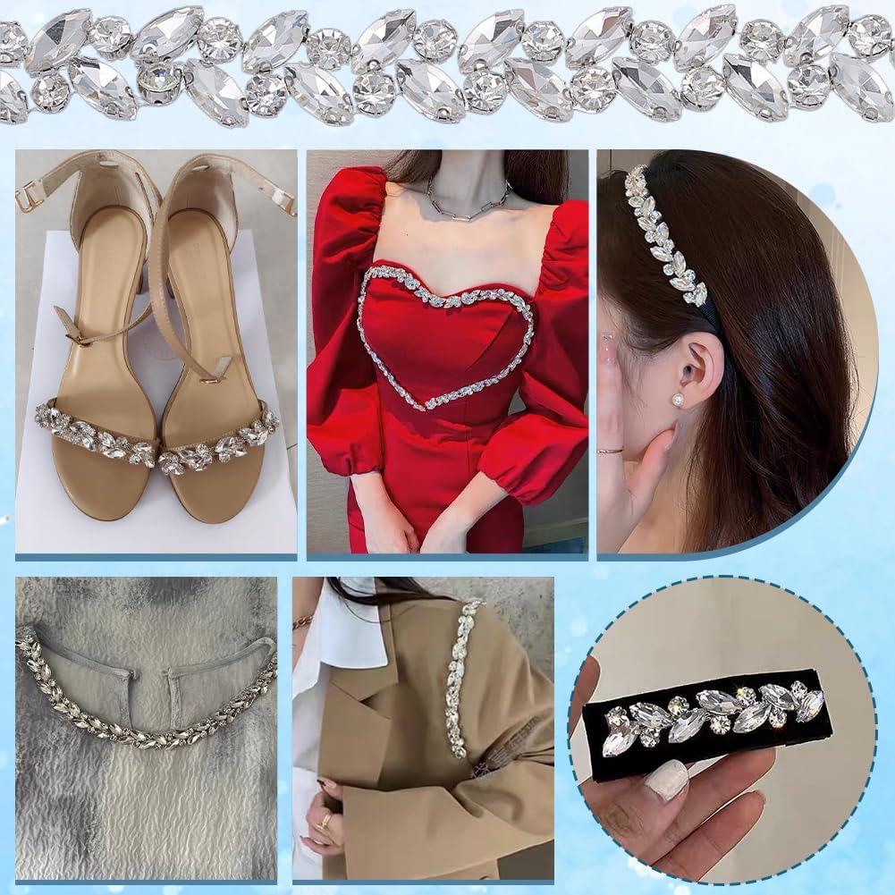 FINGERINSPIRE 1Yard Rhinestone Chain Trim with Hot Melt Adhesive Backing 0.91Inch Wide Clear Glass Rhinestone Chain Links Horse Eye Crystal Jewelry Chains Iorn on Bling Crystal Trim for Wedding Dress
