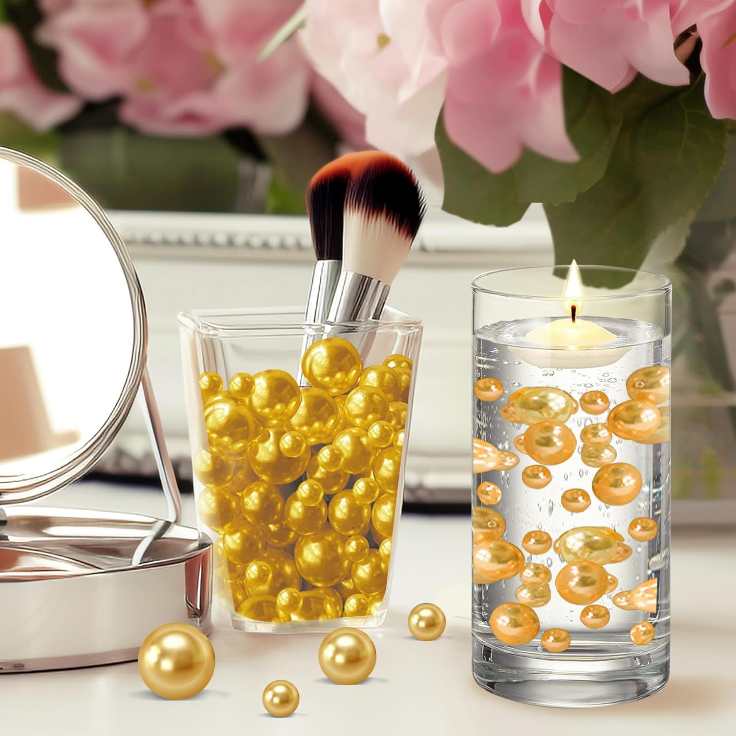 510Pcs Gold Vase Filler Pearl Beads for Centerpieces Vases, 8/14/18mm No Hole Faux Polish Pearls for Floating Candle Home Birthday Wedding Table Decor